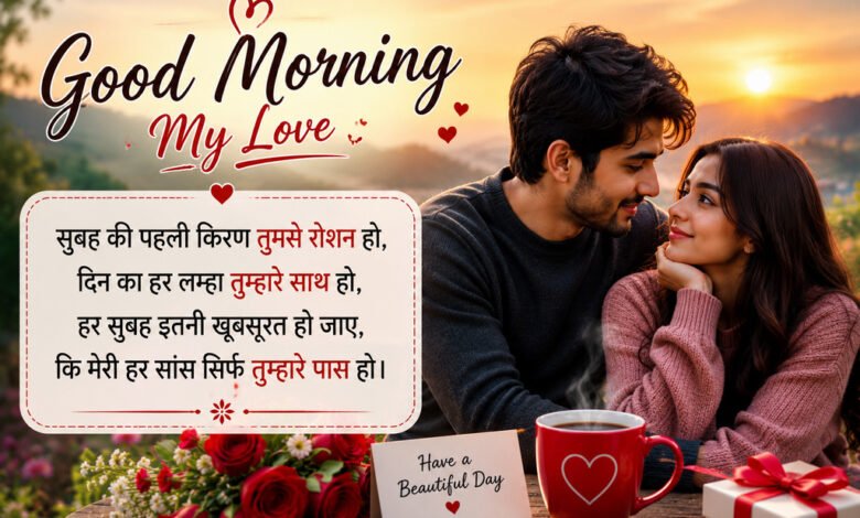Good Morning My Love greeting with a couple at sunrise and a Hindi poem about spending every morning together